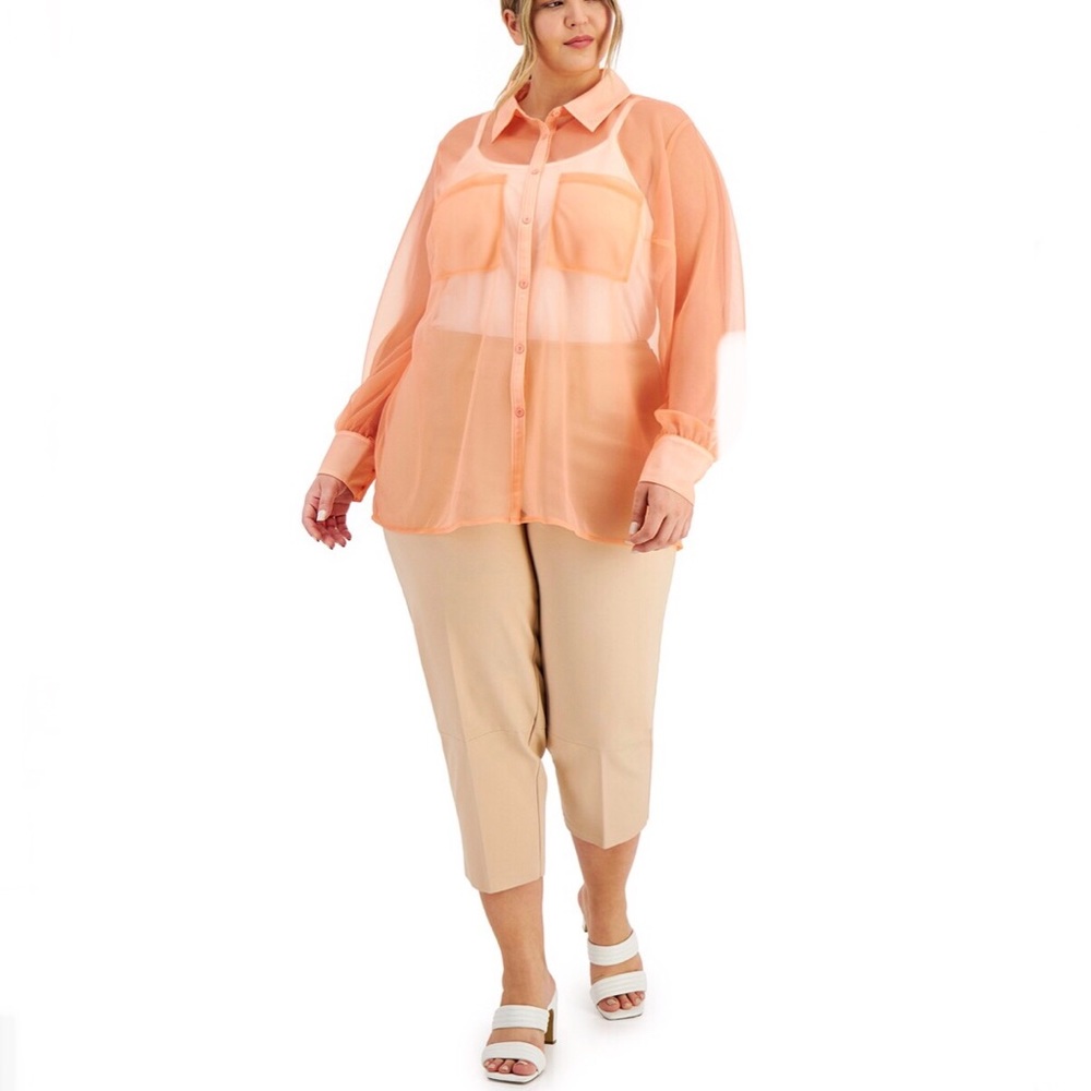 Alfani Peachy Sunrise Sheer Button Down Blouse  Sz 1X